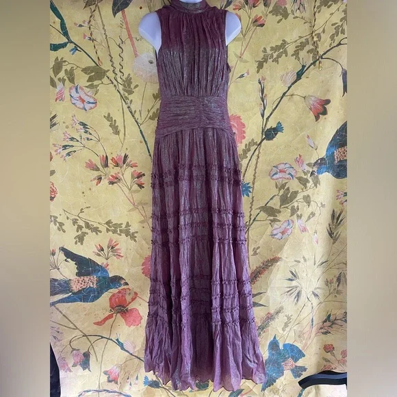 Anthropologie x BHLDN Juniper Metallic Tiered Backless High-Neck Gown